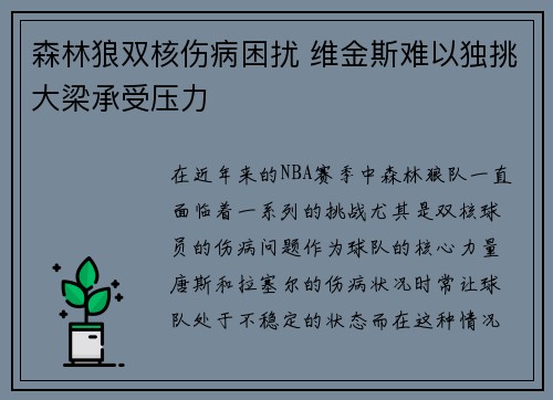 森林狼双核伤病困扰 维金斯难以独挑大梁承受压力