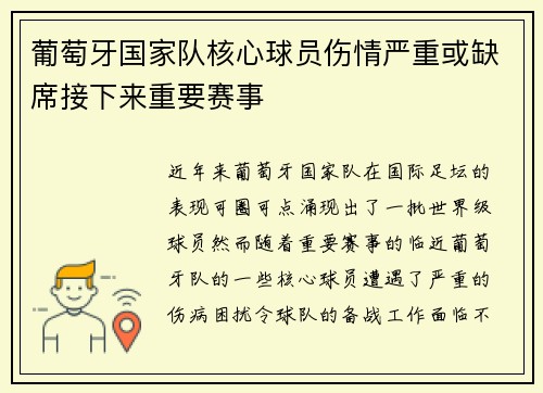 葡萄牙国家队核心球员伤情严重或缺席接下来重要赛事