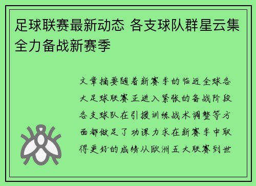 足球联赛最新动态 各支球队群星云集全力备战新赛季