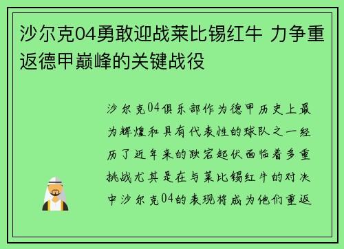 沙尔克04勇敢迎战莱比锡红牛 力争重返德甲巅峰的关键战役