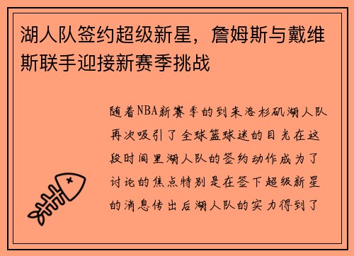 湖人队签约超级新星,詹姆斯与戴维斯联手迎接新赛季挑战
