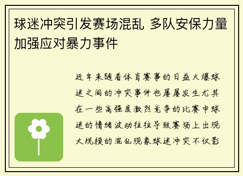 球迷冲突引发赛场混乱 多队安保力量加强应对暴力事件