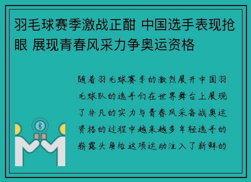 羽毛球赛季激战正酣 中国选手表现抢眼 展现青春风采力争奥运资格