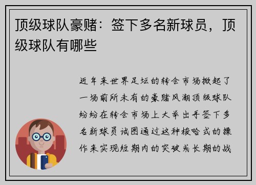 顶级球队豪赌:签下多名新球员,顶级球队有哪些